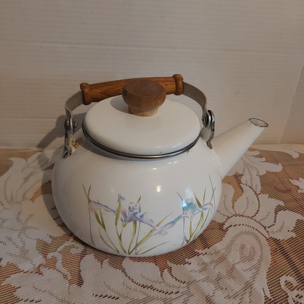 Vintage White Enamel Tea Kettle Purple Iris Floral Wood Handle 6x9 Inch
